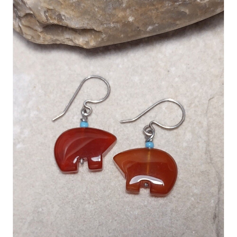 Fetish Bear Carnelian Stone Sterling Silver Dangle Earrings Vintage - Picture 8 of 12